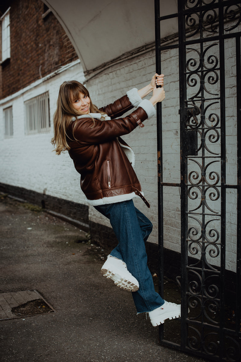 Shearling leather oversized aviator jacket in brown