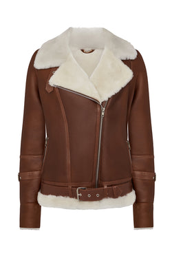 Shearling leather oversized aviator jacket in brown