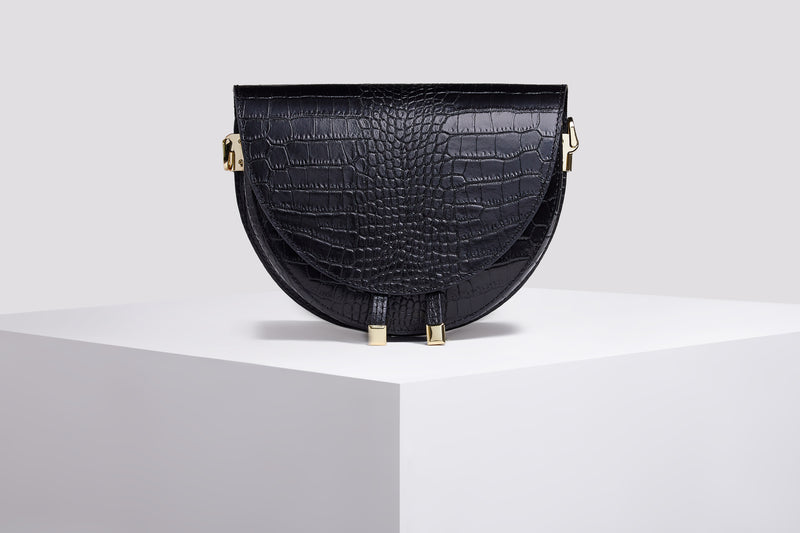 Leather Messenger Bag - Black Croco Bag