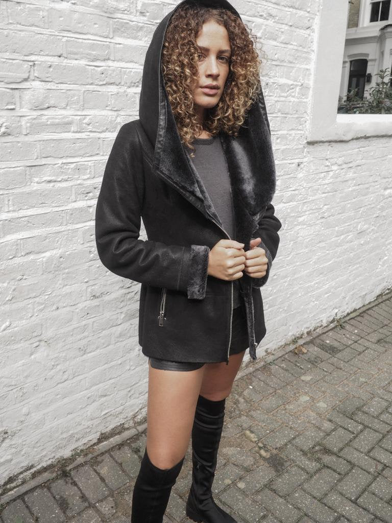 Shearling leather hooded jacket in black