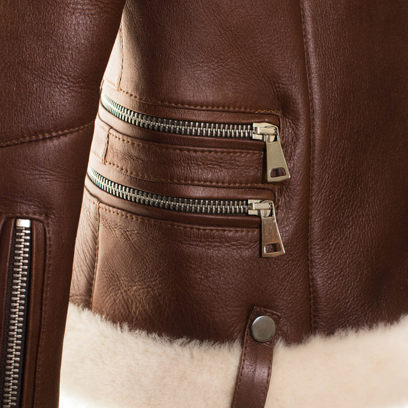 Shearling leather pilot jacket in brown