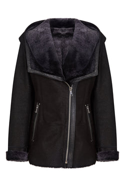 Hooded Shearling Jacket Black - Leather Hooded Jacket