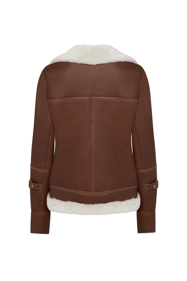 Shearling leather oversized aviator jacket in brown