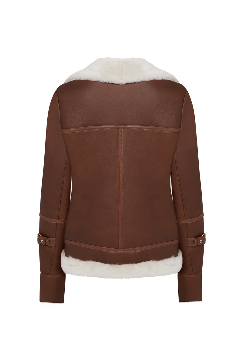 Shearling leather oversized aviator jacket in brown